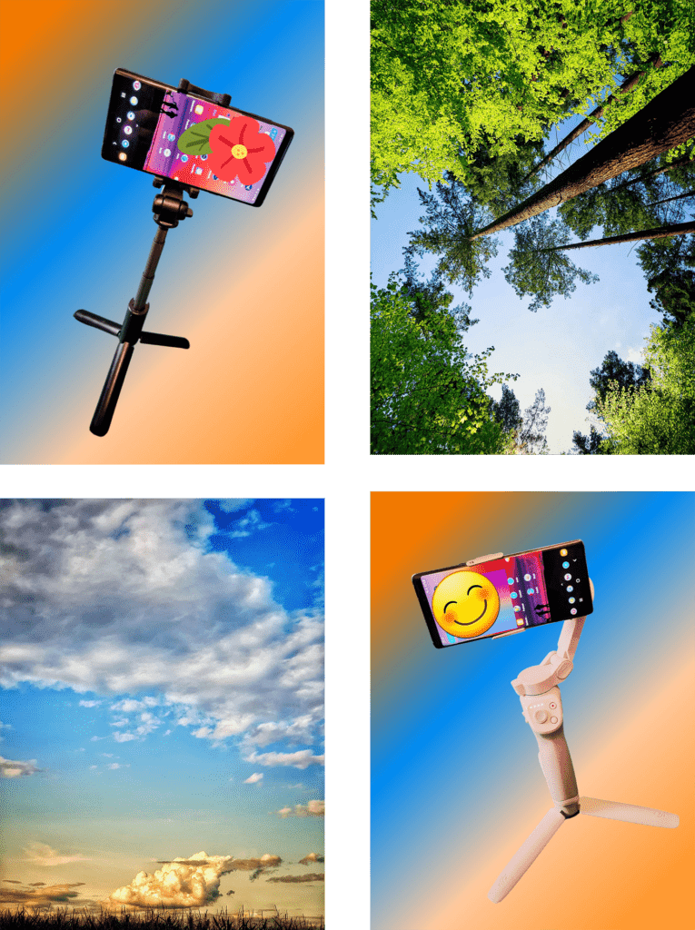 Fotos mit dem Handy erstellt. Ein Handy auf einem Stativ. Diagonale Waldsicht in Richtung Himmel. Ein Wolkenhimmel mit Muster eines Hubschraubers und ein Smartphone auf einem Gimbal.